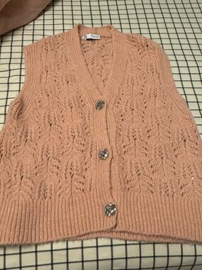 Zara Peach Openwork Knit V-Neck Sweater Vest